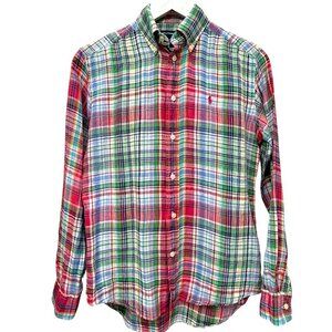 RALPH LAUREN Sport Linen Shirt Size 4 Womens Pink Green Plaid Long Sleeve Button